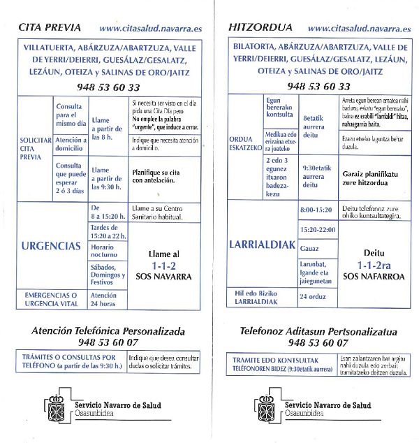 Horarios y teléfonos.